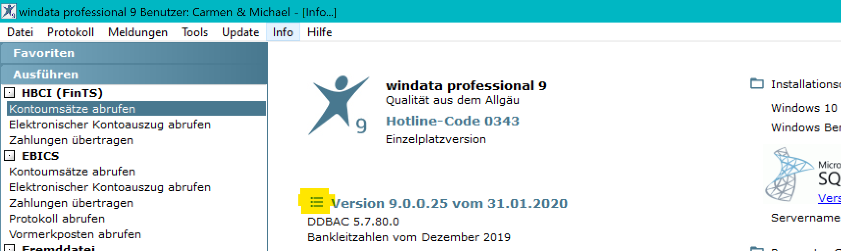 windata-Systeminformationen öffnen