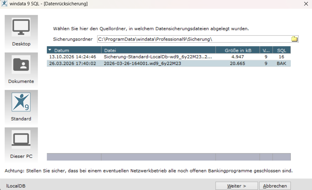 Dialog Datenrücksicherung in windata professional 9 SQL