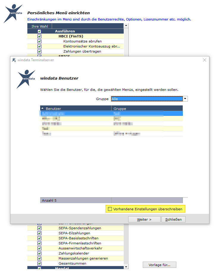 windata-Menü einem User zuweisen