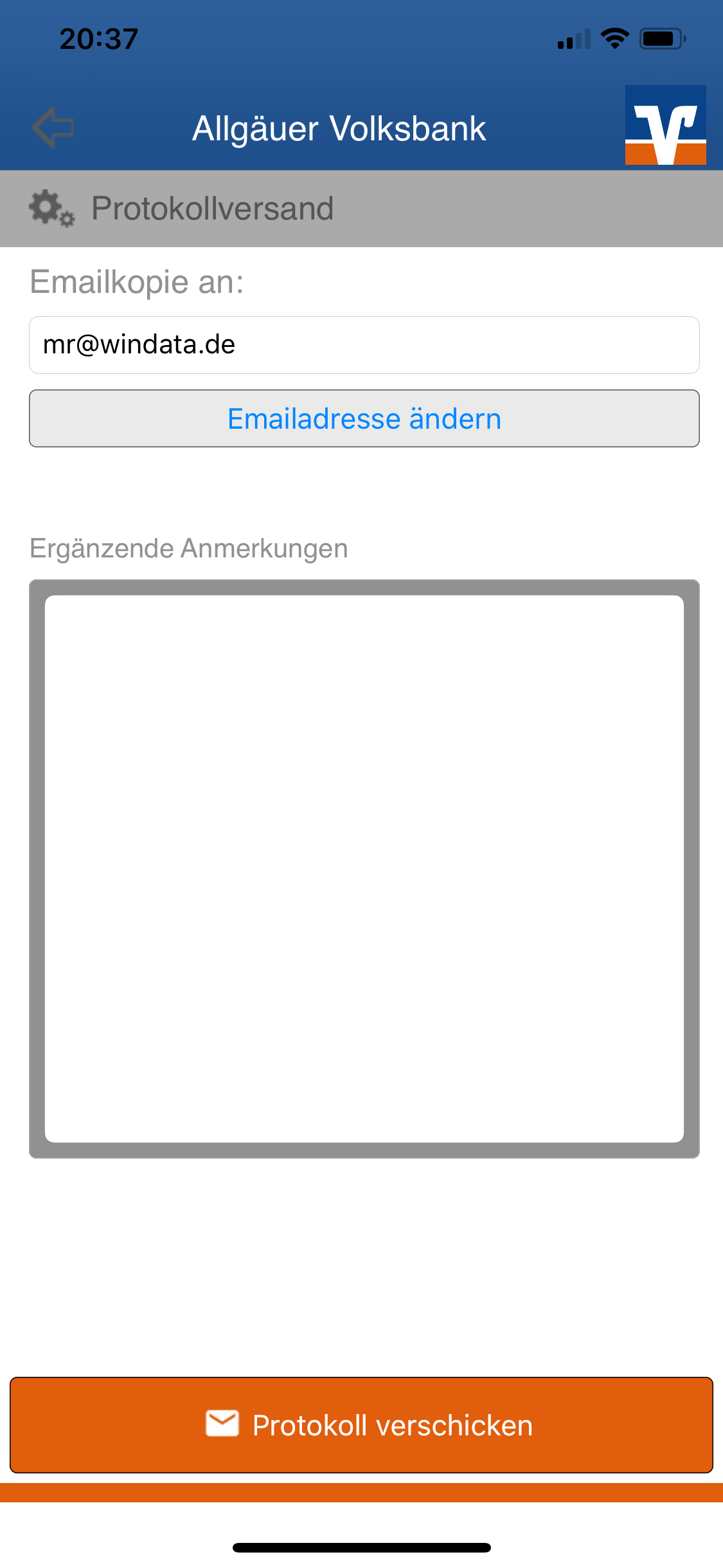 Möglichkeit zur individuellen Texteingabe zum Fehlerprotokoll sowie cc-Empfänger