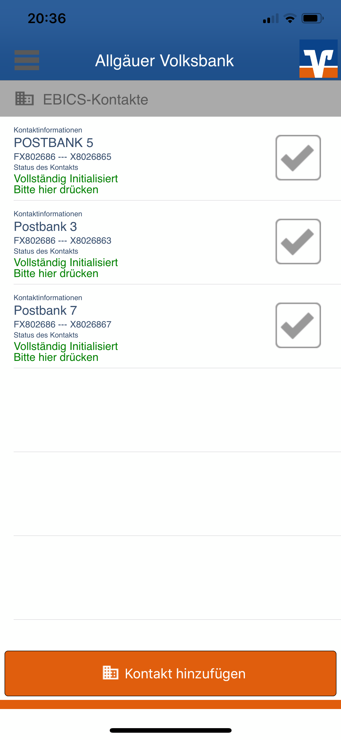 Übersicht der angelegten EBICS-Kontakte