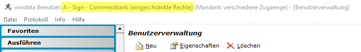 Hinweis auf eingeschränkte Rechte in der windata-Kopfzeile