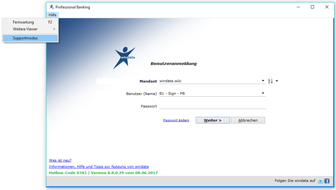 windata Startfenster